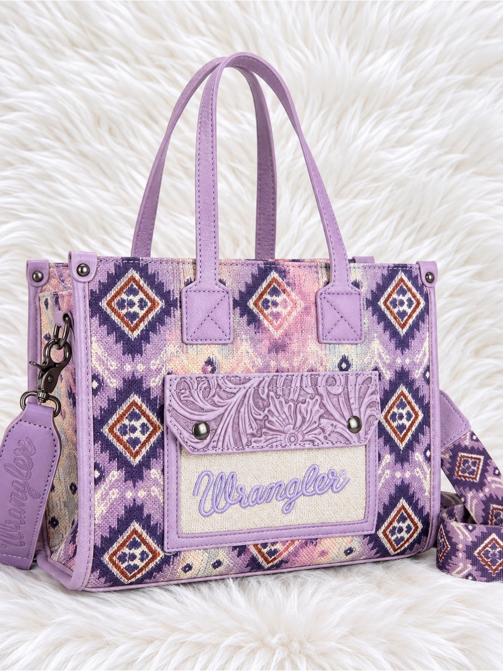 Wrangler Southwestern Aztec Tote Bag – Lavender Purple with Crossbody Strap